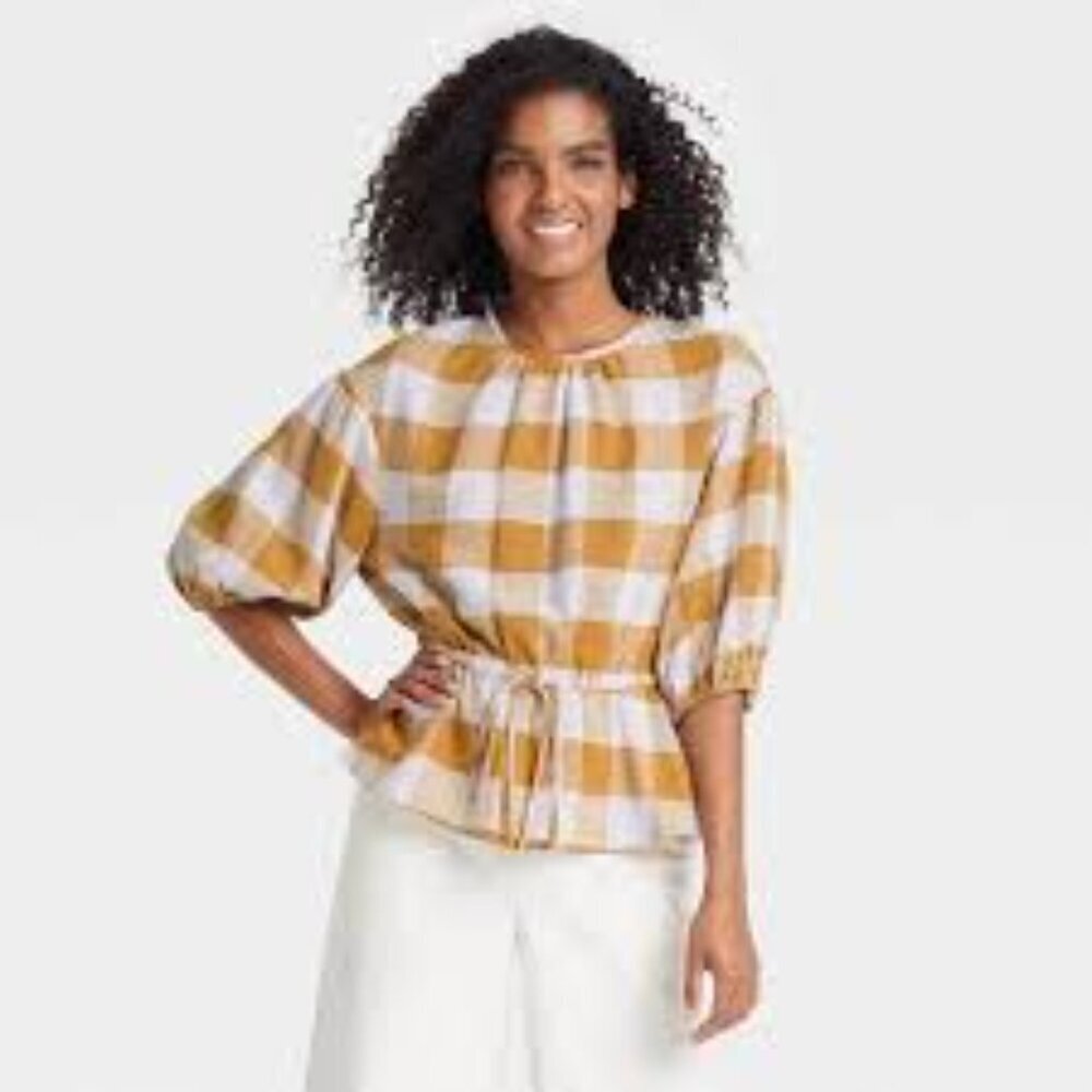 WHO WHAT WEAR Balloon Elbow Sleeve Popover Blouse Gold and White Gingham Medium